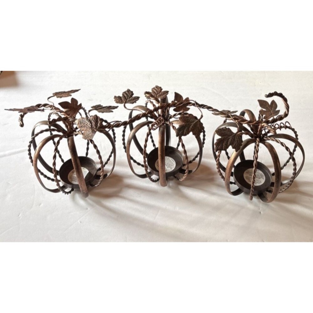 Bronze Finish Metal Pumpkin Tea Light Holder 3 Candle Centerpiece
